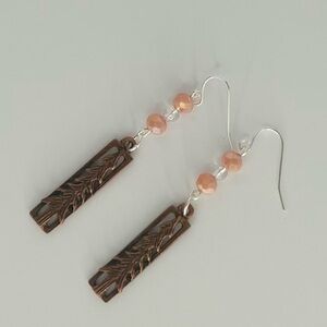 Copper Mountain Carved Earrings Accented with Pink Glass Beads